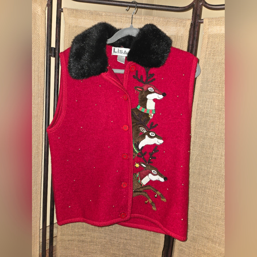 Lisa International Festive Red Vest With Reindeer Embroidery Wool Christmas L